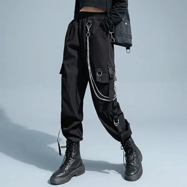 Pantalon cargo femme noir avec chaîne