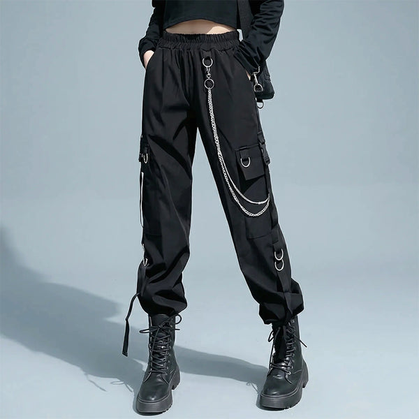 Pantalon cargo femme noir avec chaîne