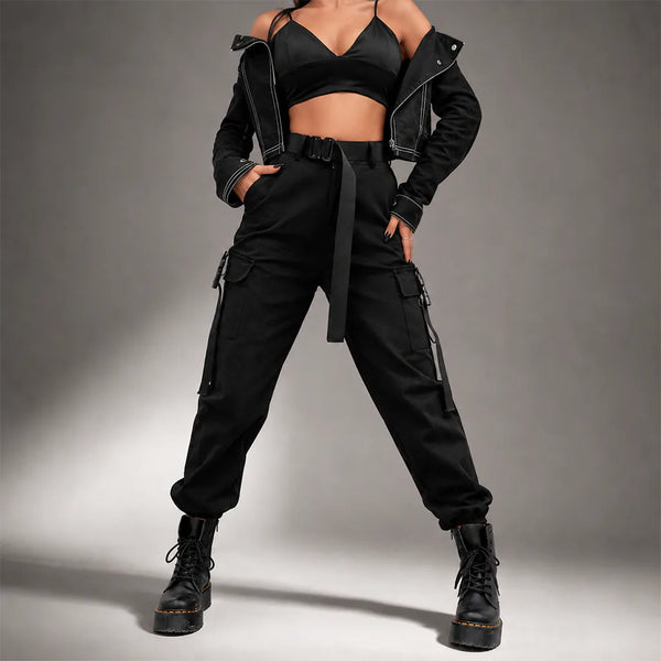 Pantalon cargo noir avec ceinture