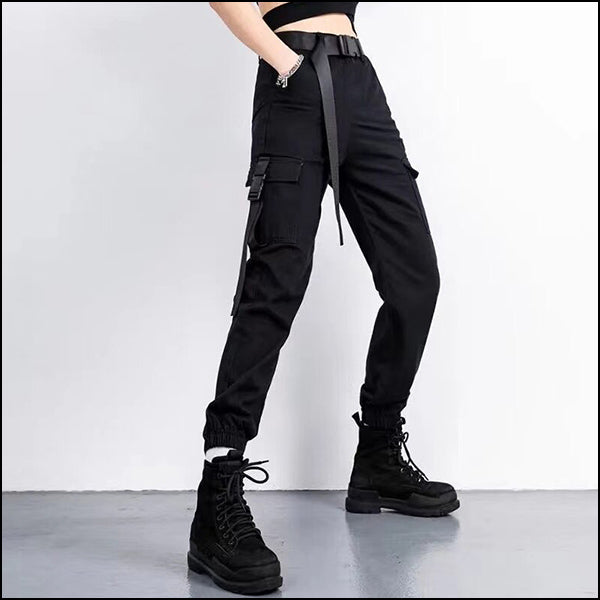 Pantalon cargo femme noir avec ceinture