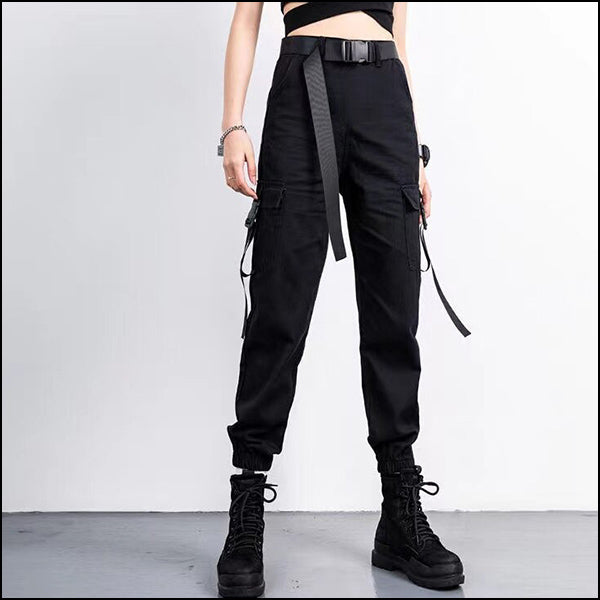 Pantalon cargo femme noir avec ceinture