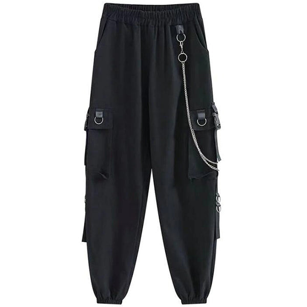 Pantalon cargo femme noir avec chaine