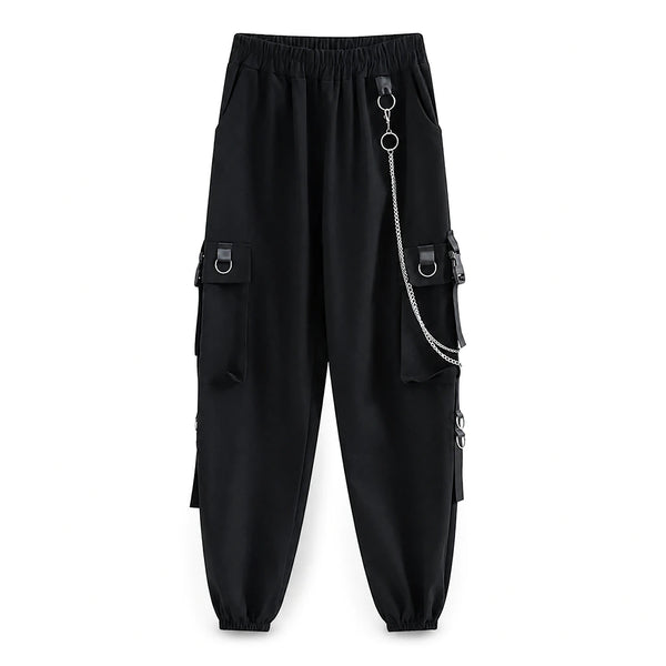 Pantalon cargo femme noir avec chaîne
