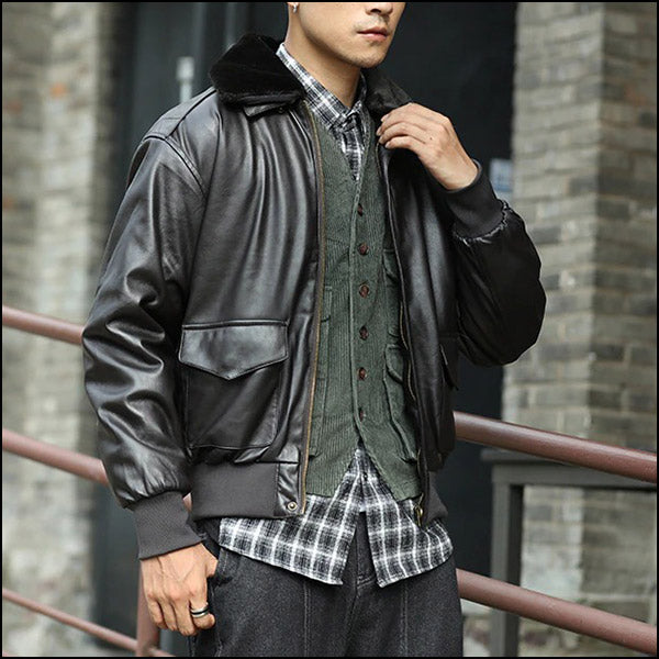 Blouson aviateur en cuir véritable pour homme avec col Blouson aviateur en cuir véritable pour homme avec col