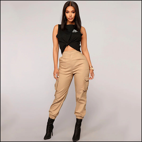 Pantalon cargo kaki femme taille haute