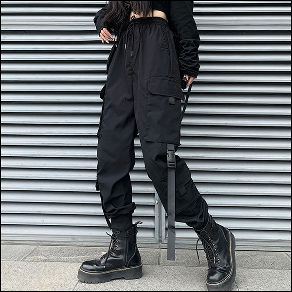 Pantalon cargo noir femme taille haute