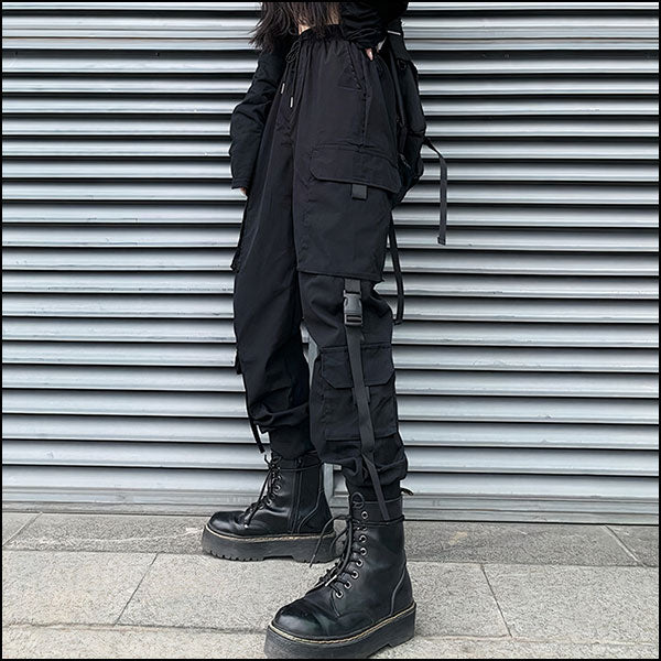 Pantalon cargo noir femme taille haute